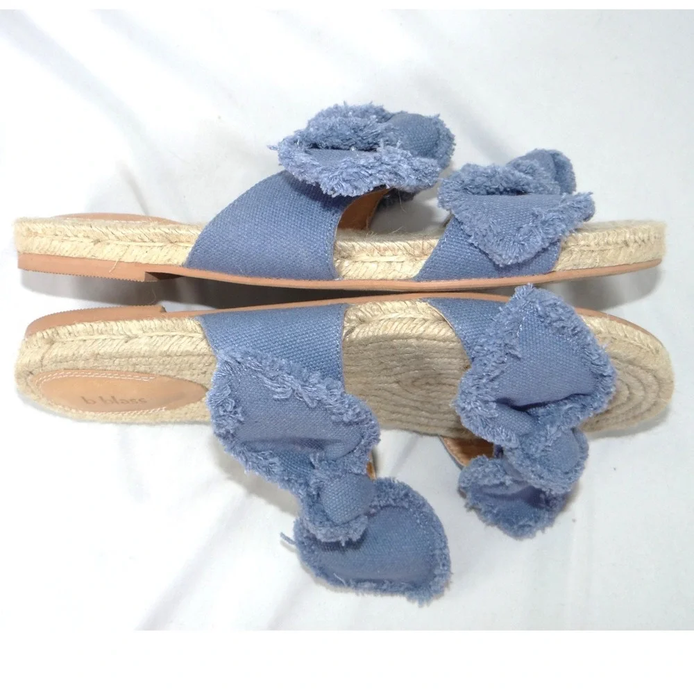 B Blass‎ Womens Blue Frayed Bow Espadrille Slide Sandals Flat Jute Size 7.5M 38